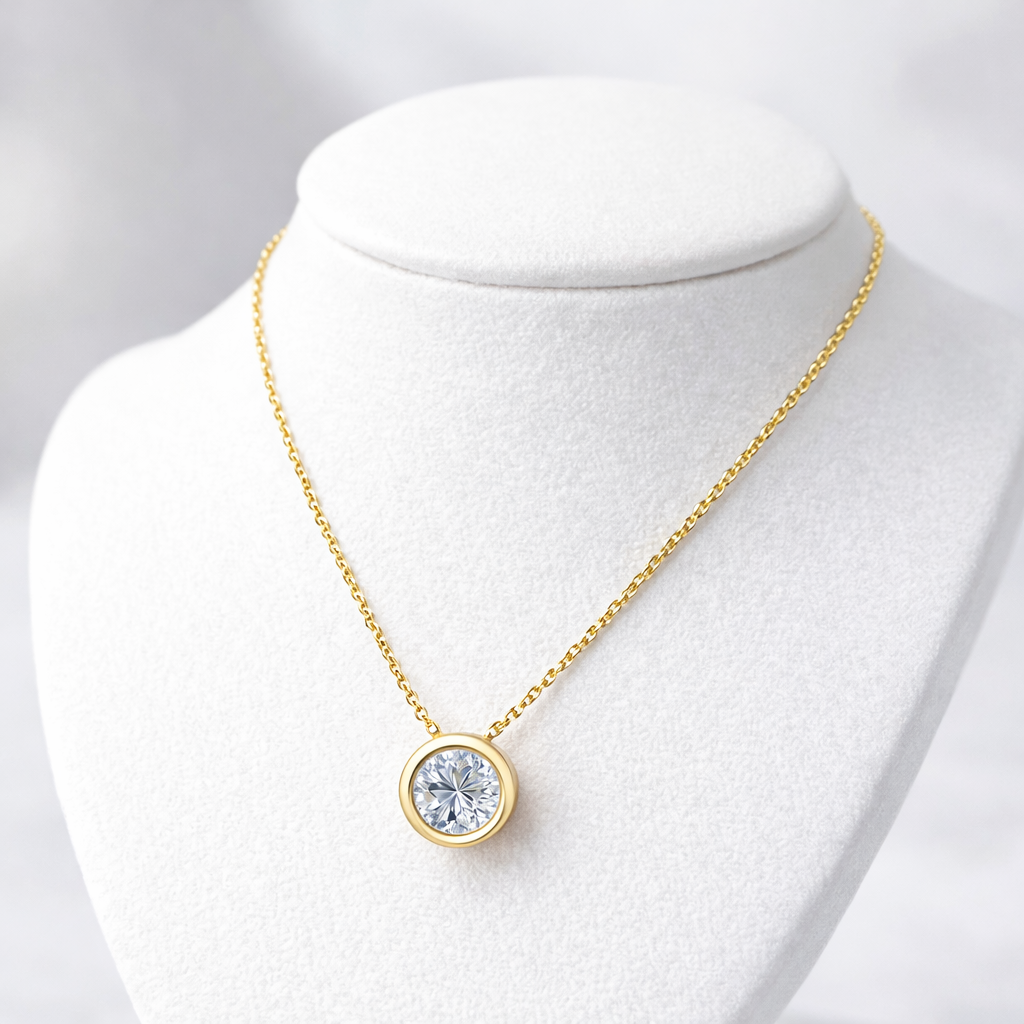 14K Gold Bezel Set Diamond Necklace - Display