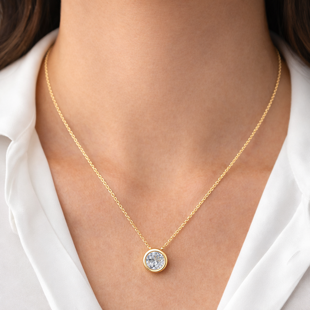 14K Gold Bezel Set Diamond Necklace - Worn