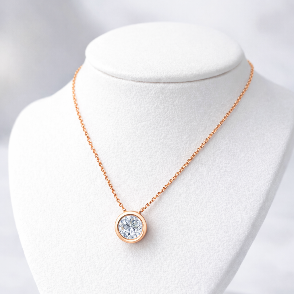 14K Rose Gold Diamond Necklace on Display