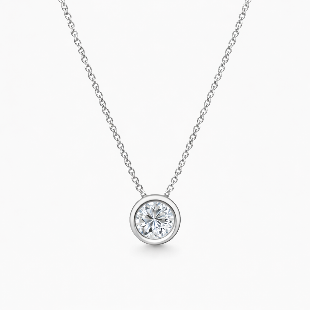 14K White Gold Bezel Set Diamond Necklace - Front View