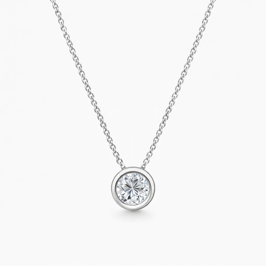 14K White Gold Bezel Set Diamond Necklace - Front View