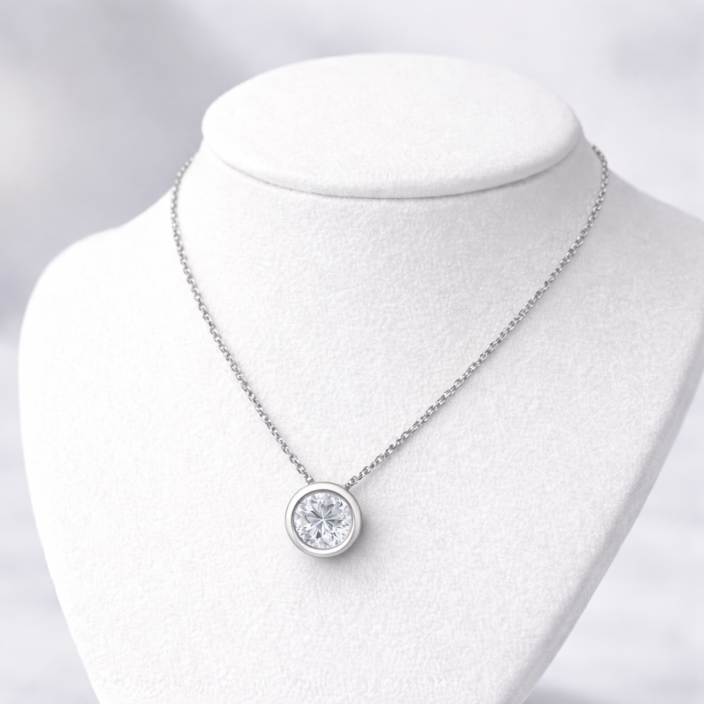 14K White Gold Bezel Set Diamond Necklace - Display
