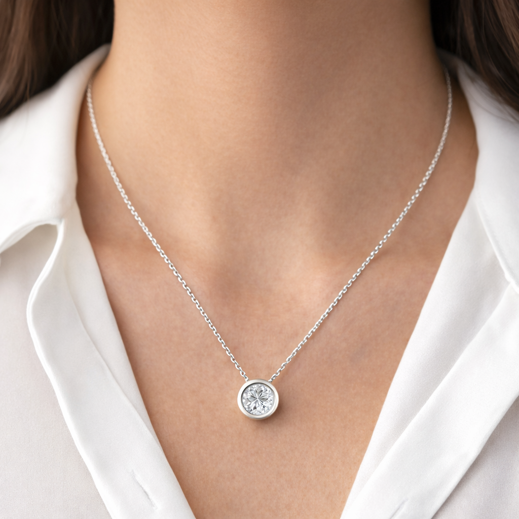 14K White Gold Bezel Set Diamond Necklace - Worn